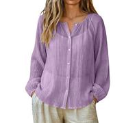Camisa coreana playa ligera mujer verano manga larga lino Blusa Summer Cover Up Blouse Cuello redondo con botones Túnica ligera Casual T Shirt Transpirable Moda Verano Camiseta, Morado Claro1, M
