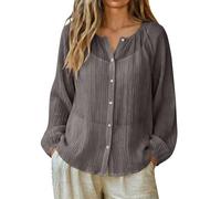 Camisa coreana playa ligera mujer verano manga larga lino Blusa Summer Cover Up Blouse Cuello redondo con botones Túnica ligera Casual T Shirt Transpirable Moda Verano Camiseta, Coffe1, M