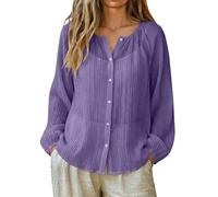 Camisa coreana playa ligera mujer verano manga larga lino Blusa Summer Cover Up Blouse Cuello redondo con botones Túnica ligera Casual T Shirt Transpirable Moda Verano Camiseta, Púrpura1, M