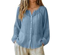 Camisa coreana playa ligera mujer verano manga larga lino Blusa Summer Cover Up Blouse Cuello redondo con botones Túnica ligera Casual T Shirt Transpirable Moda Verano Camiseta, Azul claro1, M