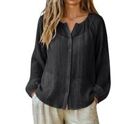 Camisa coreana playa ligera mujer verano manga larga lino Blusa Summer Cover Up Blouse Cuello redondo con botones Túnica ligera Casual T Shirt Transpirable Moda Verano Camiseta, Negro1, M