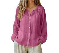 Camisa coreana playa ligera mujer verano manga larga lino Blusa Summer Cover Up Blouse Cuello redondo con botones Túnica ligera Casual T Shirt Transpirable Moda Verano Camiseta, Rosa Shock1, M