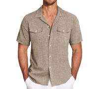 Camisa curvada para hombre de color sólido Camisa de hombre holgada Top de manga corta Chic y cómoda Top de lino de verano suave superior de algodón transpirable alto fluido casual, caqui, 3XL