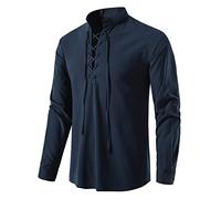 Camisa de Algodón con Cordones para Hombre Disfraz Medieval Vintage Escocés Jacobita Ghillie Kilt Camisas Piratas Tops, azul oscuro, XXL