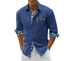 Camisa de algodón de manga larga para hombre de cuatro estaciones con encaje y botones a juego, azul, M