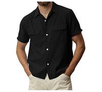 Camisa de algodón para hombre, de manga corta, informal, lisa, con dos bolsillos en el pecho, ligera, con botones, solapa, delgada, transpirable, moderna, clásica, ajuste regular, talla M-XXXL, Negro,