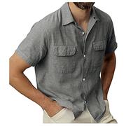 Camisa de algodón para hombre, de manga corta, informal, lisa, con dos bolsillos en el pecho, ligera, con botones, solapa, delgada, transpirable, moderna, clásica, ajuste regular, talla M-XXXL, gris,