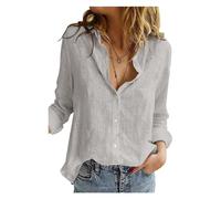 Camisa de algodón y Lino con Botones for Mujer, Estilo Casual, Manga Larga, Color sólido, Camisas Sueltas de Trabajo, Camisas de Lino for Mujer(Gray,L)