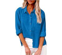 Camisa de algodón y lino con botones para mujer, casual, manga larga, color sólido, holgada, con bolsillos, #C-azul claro, S