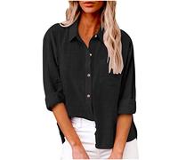 Camisa de algodón y lino con botones para mujer, casual, manga larga, color sólido, holgada, con bolsillos, Negro -, XXXXXL