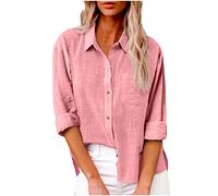 Camisa de algodón y lino con botones para mujer, casual, manga larga, color sólido, holgada, con bolsillos, Rosado, XXXL