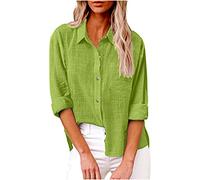 Camisa de algodón y lino con botones para mujer, casual, manga larga, color sólido, holgada, con bolsillos, #C-Verde menta, XXXXXL