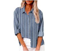 Camisa de algodón y lino con botones para mujer, casual, manga larga, color sólido, holgada, con bolsillos, #F01-azul cielo, XL