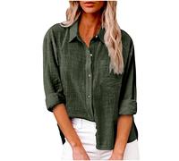 Camisa de algodón y lino con botones para mujer, casual, manga larga, color sólido, holgada, con bolsillos, Verde militar, S