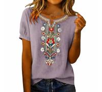 Camisa de Algodón y Lino con Botones para Mujer Primavera Verano Moda Vintage Bordado Camiseta de Mujer Cuello en V Tops Elegante Basic tee Talla Grande Transpirable
