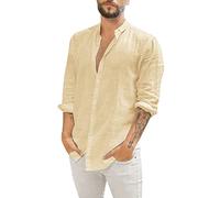 Camisa De Algodón Y Lino para Hombre Camisas De Manga Larga Casual Verano Ropa Color Sólido Ajuste Regular Ropas Cuello Vuelto con Botones para Playa Vacaciones Trabajo