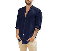 Camisa De Algodón Y Lino para Hombre Camisas De Manga Larga Casual Verano Ropa Color Sólido Ajuste Regular Ropas Cuello Vuelto con Botones para Playa Vacaciones Trabajo