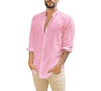 Camisa De Algodón Y Lino para Hombre Camisas De Manga Larga Casual Verano Ropa Color Sólido Ajuste Regular Ropas Cuello Vuelto con Botones para Playa Vacaciones Trabajo