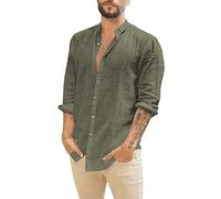Camisa De Algodón Y Lino para Hombre Camisas De Manga Larga Casual Verano Ropa Color Sólido Ajuste Regular Ropas Cuello Vuelto con Botones para Playa Vacaciones Trabajo