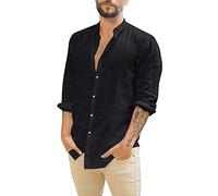 Camisa De Algodón Y Lino para Hombre Camisas De Manga Larga Casual Verano Ropa Color Sólido Ajuste Regular Ropas Cuello Vuelto con Botones para Playa Vacaciones Trabajo
