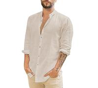 Camisa De Algodón Y Lino para Hombre Camisas De Manga Larga Casual Verano Ropa Color Sólido Ajuste Regular Ropas Cuello Vuelto con Botones para Playa Vacaciones Trabajo
