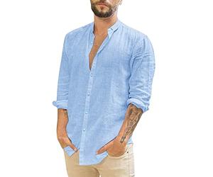 Camisa De Algodón Y Lino para Hombre Camisas De Manga Larga Casual Verano Ropa Color Sólido Ajuste Regular Ropas Cuello Vuelto con Botones para Playa Vacaciones Trabajo