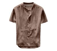 Camisa de algodón y lino para hombre de color sólido camisa manga corta para hombre Top corte suelto chic y cómodo Top fluido transpirable alto ligero botón alto casual, caqui, 3XL