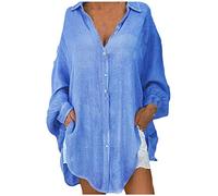 Camisa de algodón y lino para mujer Corte suelto Manga larga Blusa con botones Color sólido Top informal de verano cómodo, azul, 4X-Large
