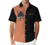 Camisa de bolos de póquer vintage de los años 50 para hombre, camisas hawaianas de manga corta con botones, Negro y anaranjado, Large