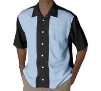 Camisa de bolos para hombre, campamento, cabaña, camisa de trabajo, estilo rockabilly, algodón, manga corta, informal, con botones, camisas de dos colores, para el salón, vintage, retro, para el