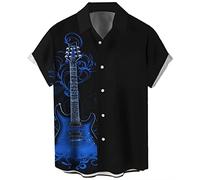 Camisa de Bolos Vintage de los años 50 Estilo Rockabilly Retro Manga Corta Botones música Hawaiana Camisas, Guitarra-Zafiro, 3X-Large