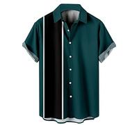 Camisa de bolos vintage de los años 50 para hombre, estilo retro, manga corta, con botones, hawaiana, Verde esmeralda, 3X-Large
