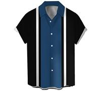 Camisa de Bolos Vintage de los años 50 Retro de Manga Corta con Botones, Negro, Azul (Blue Black Stripe), Medium