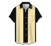 Camisa de bolos vintage para hombre de los años 50, estilo retro rockabilly, manga corta con cuello abotonado, camisas hawaianas musicales, negro y amarillo, L
