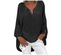 Camisa de color manga cuello en V transpirable mujeres cómodo largo sólido cintura blusa de mujer camisetas damas, Negro , 3XL