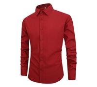 Camisa de cuello alto para hombre, manga larga, elástica, ajustada, de negocios, con botones, monocolor, camisa de trabajo, sencilla, versátil, de manga larga, cuello de solapa, O rojo., M
