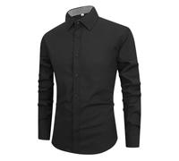 Camisa de cuello alto para hombre, manga larga, elástica, ajustada, de negocios, con botones, monocolor, camisa de trabajo, sencilla, versátil, de manga larga, cuello de solapa, O negro., XL