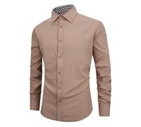 Camisa de cuello alto para hombre, manga larga, elástica, ajustada, de negocios, con botones, monocolor, camisa de trabajo, sencilla, versátil, de manga larga, cuello de solapa, O Khaki, M