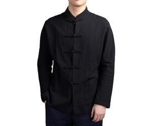 Camisa de cuello mandarín con botones de disco para hombre, estilo chino de otoño, manga larga, bolsillos, tradicional, Kung Fu, Tai Chi, Tang Tang Tops Uniforme