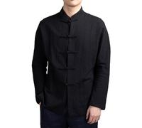 Camisa de cuello mandarín con botones de disco para hombre, estilo chino, manga larga, bolsillos, tradicional, Kung Fu, Tai Chi, Tang, uniforme, negro, XL