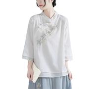 Camisa de cuello redondo estilo chino para primavera, verano, para mujer, vintage, elegante, bordada, blanco, XXL