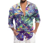 Camisa de discoteca para hombre, con estampado de carnaval, disfraz de fiesta de discoteca, ajuste regular, a la moda, elegante, con botones, holgado, vintage, para adolescentes, Morado (, S