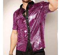 Camisa de discoteca vintage de los años 70 para hombre con lentejuelas brillantes de manga corta con botones para fiesta nocturna (2XL, morado)