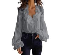 Camisa de encaje para mujer con mangas de burbujas con pliegues profundos, cuello en V, manga larga transparente, camisa de encaje con cuello en V, gris, XL