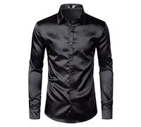 Camisa de esmoquin de satén de seda blanca para hombre 2022 de manga larga ajustada para hombre camisas de vestir para fiesta de boda, baile masculino, camisa casual Chemise negro, talla L