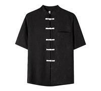 Camisa de estilo chino Tang para hombre, elegante y holgada, de manga corta, cuello mandarín, camisa tradicional con nudo chino, cómoda para uso diario casual, Negro, L