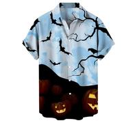 Camisa de Halloween para hombre, con estampado de murciélago de calabaza y botones, camisa de manga corta hawaiana tropical para playa, disfraces de festival, para adultos, azul claro, 4XL