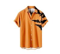 Camisa de Halloween para hombre, con estampado de murciélago, hawaiano, bolos, manga corta, casual, con botones, para vacaciones, playa, disfraces horribles para festivales, naranja, M
