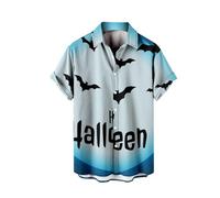 Camisa de Halloween para hombre, con estampado de murciélago, manga corta, con botones, camisetas hawaianas para vacaciones, playa, festivales, disfraces para adultos, azul claro, XL