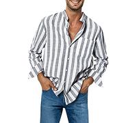 Camisa de hombre a rayas de manga larga de algodón y lino, camisa de ocio, camisa de verano, informal, corte regular, manga larga, corte estrecho, camisa deportiva de moda, manga larga, 3XL, gris, XXL